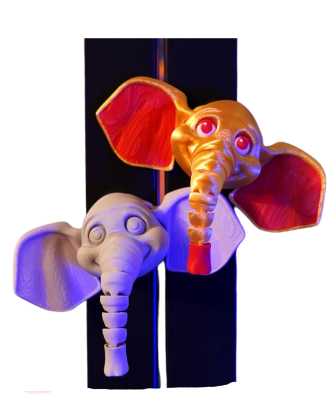 3D printed flexi elephant magnet with pop-in trunk in custom colors, lightweight PETG/PLA fridge décor with strong magnet attachment