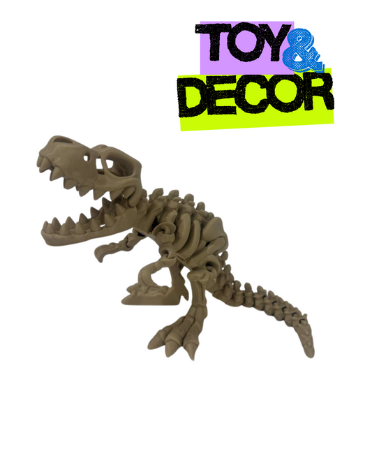 3D printed poseable T-Rex skeleton made from eco-friendly PLA, designed as a fidget toy and desk decor.