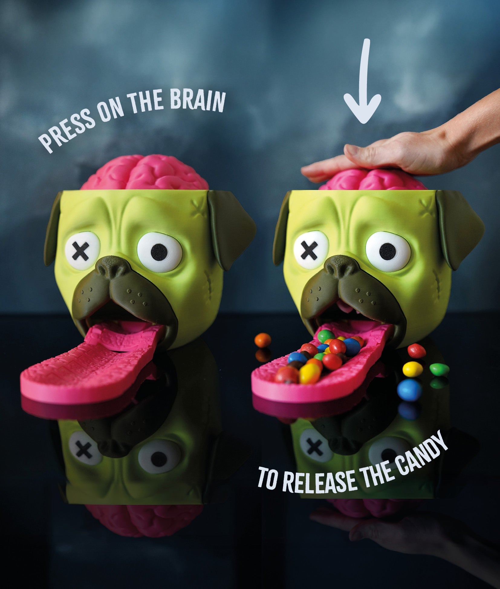 Candy Creeper Zombie Pug Eco - Pla Candy Dispenser with Brain - Activated Fun for Halloween & Parties - LayerCraftLab