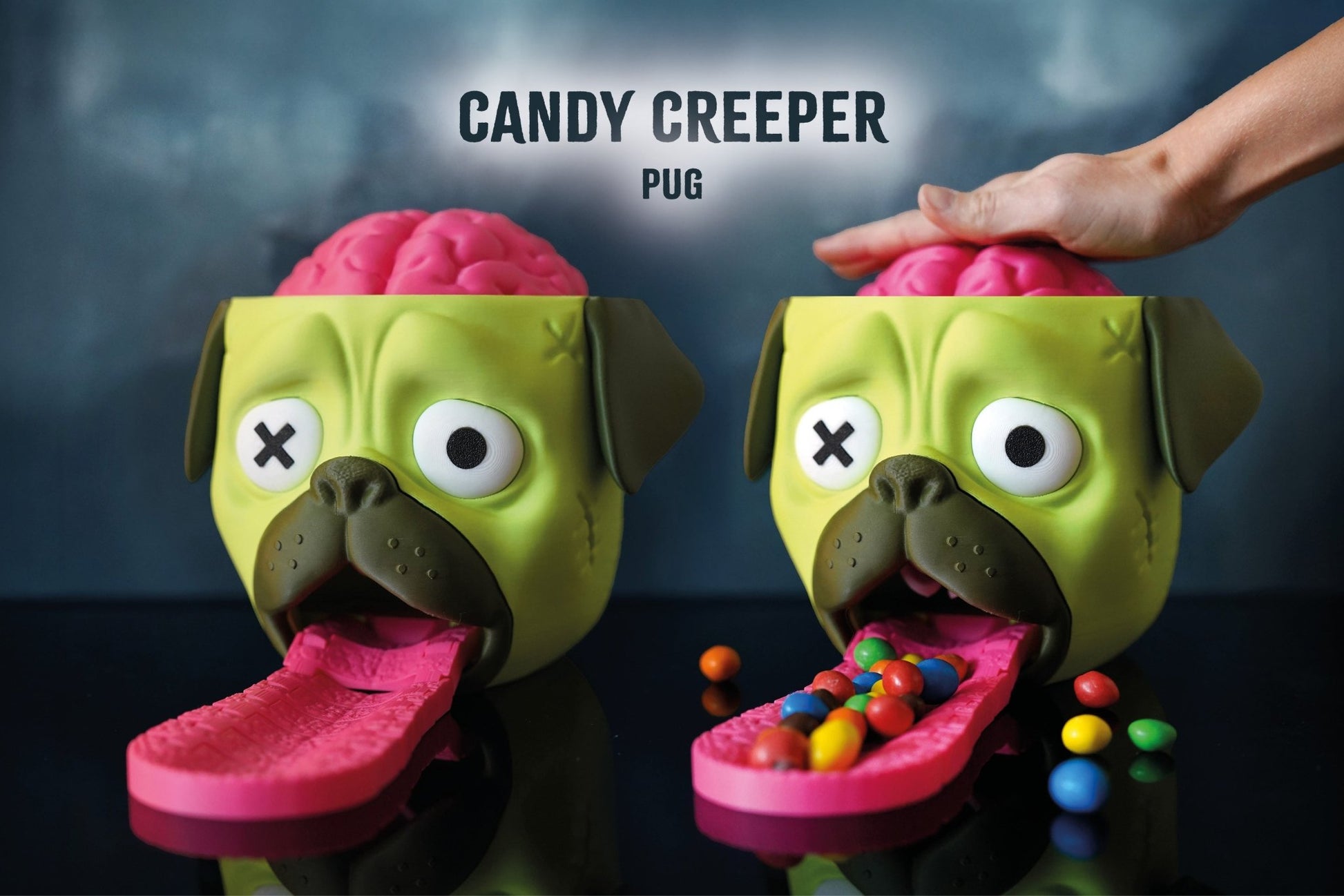 Candy Creeper Zombie Pug Eco - Pla Candy Dispenser with Brain - Activated Fun for Halloween & Parties - LayerCraftLab