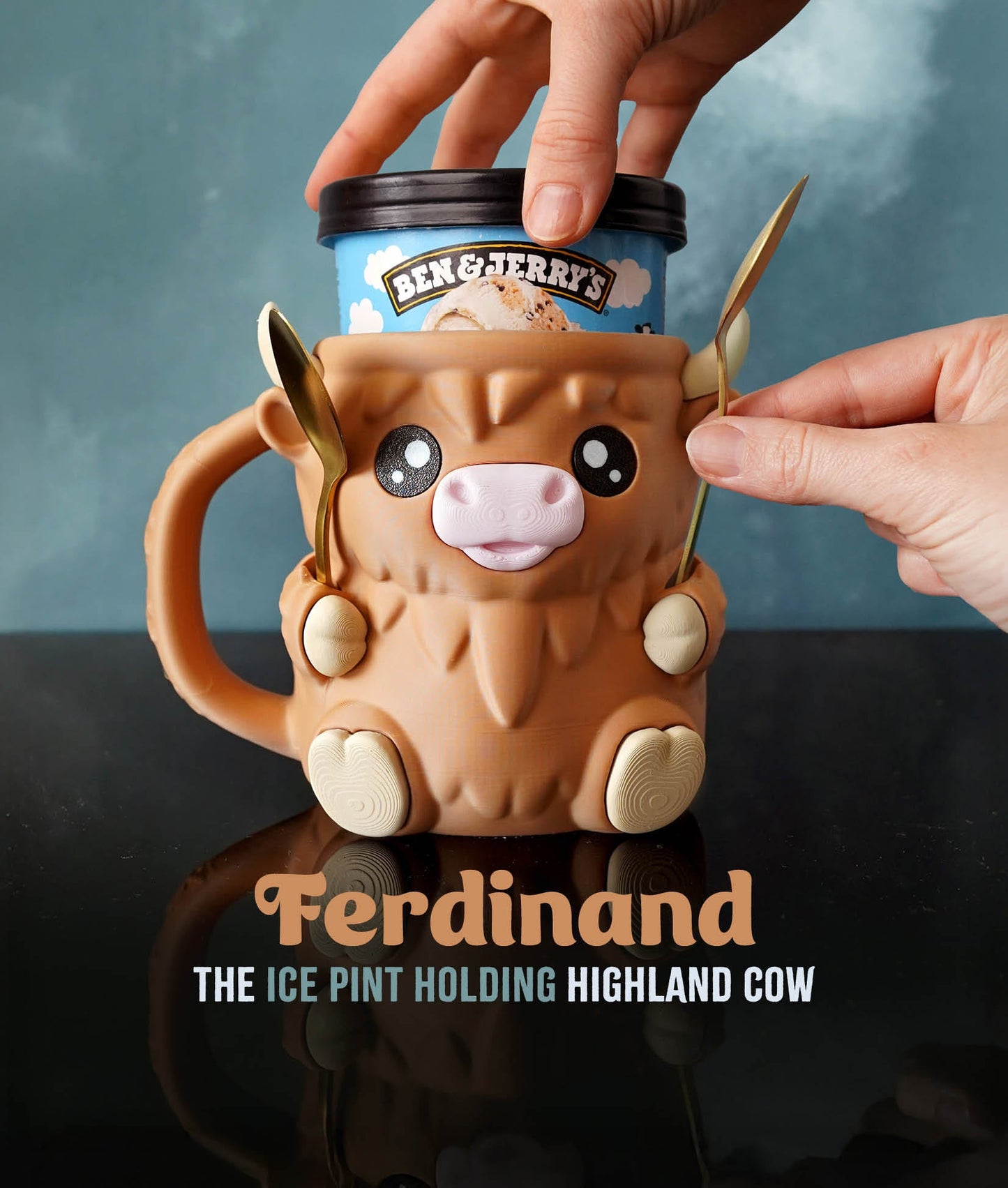 Highland Cow Ice Cream Pint Holder – Cute 3D Printed Cow Mug with Spoon Slots - LayerCraftLab