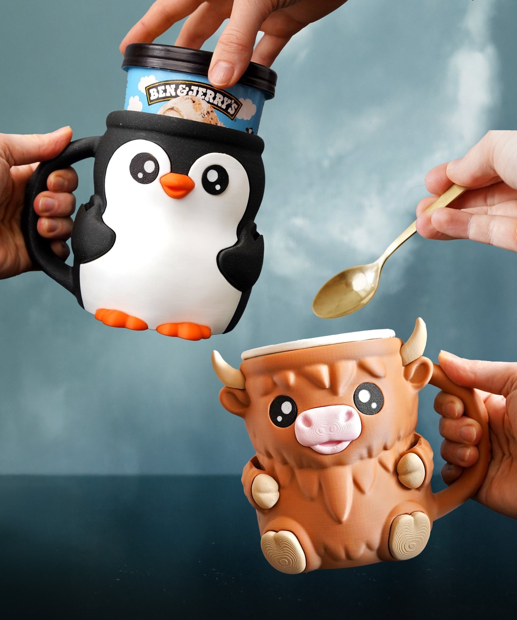 Highland Cow Ice Cream Pint Holder – Cute 3D Printed Cow Mug with Spoon Slots - LayerCraftLab