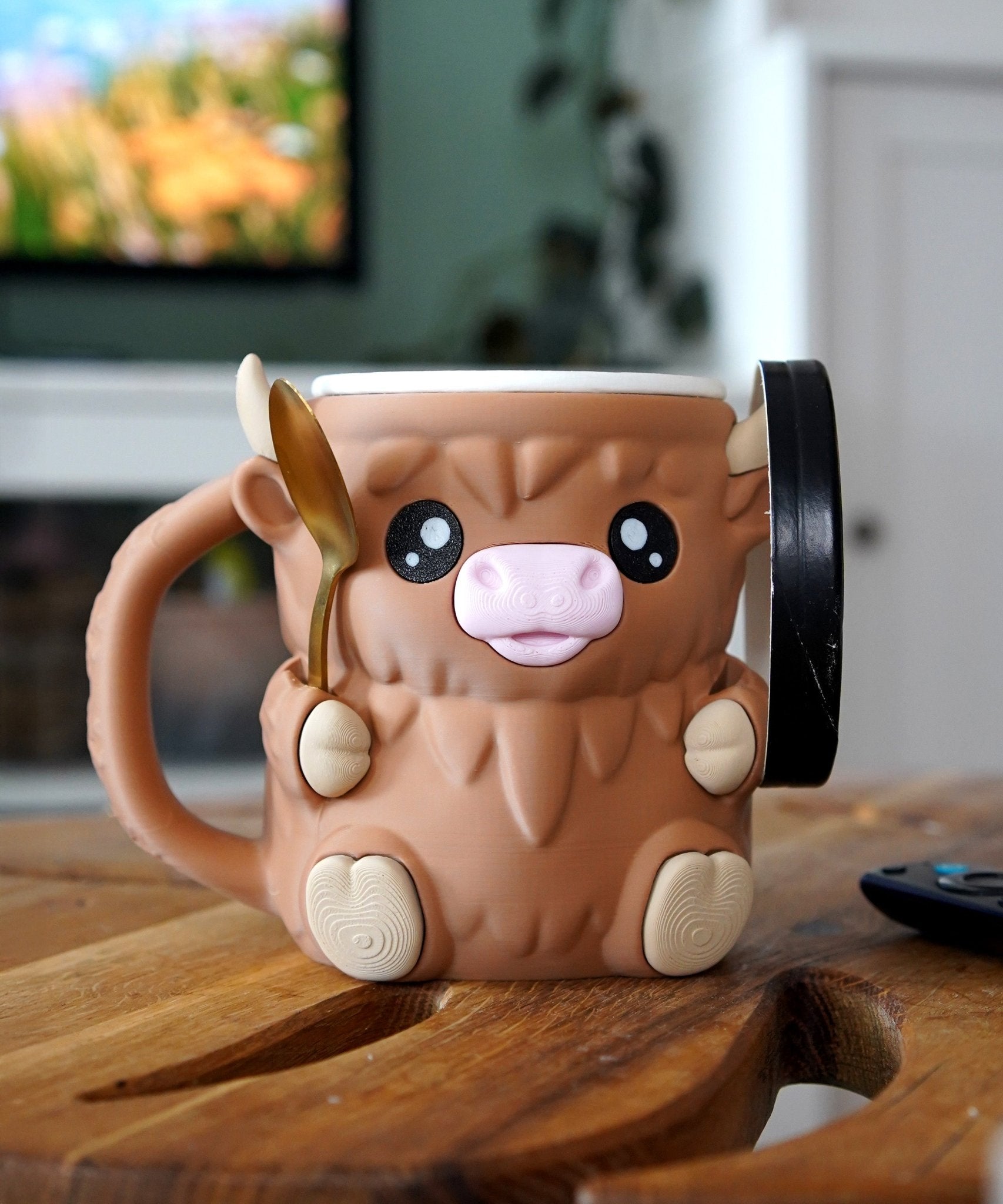 Highland Cow Ice Cream Pint Holder – Cute 3D Printed Cow Mug with Spoon Slots - LayerCraftLab