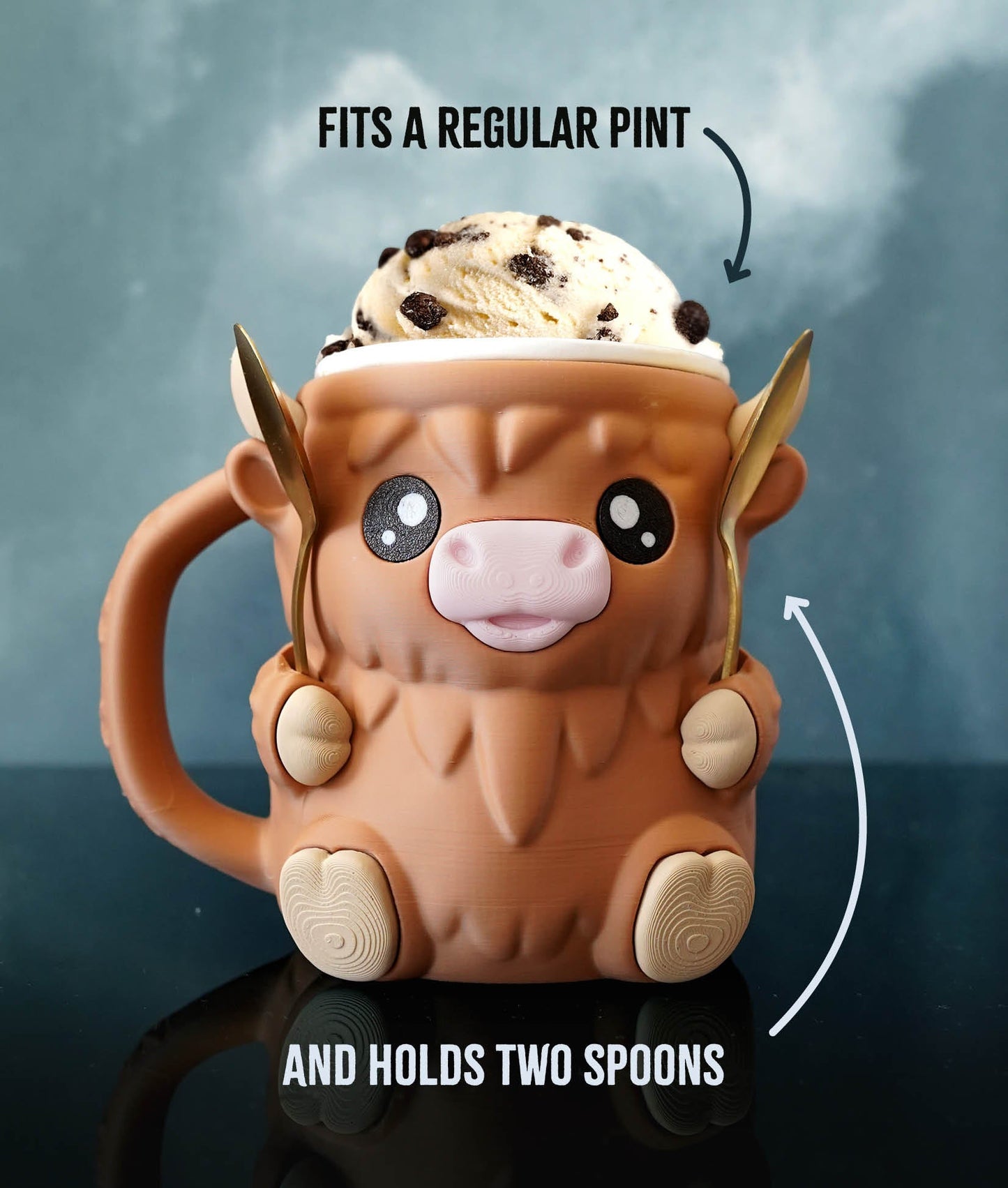 Highland Cow Ice Cream Pint Holder – Cute 3D Printed Cow Mug with Spoon Slots - LayerCraftLab