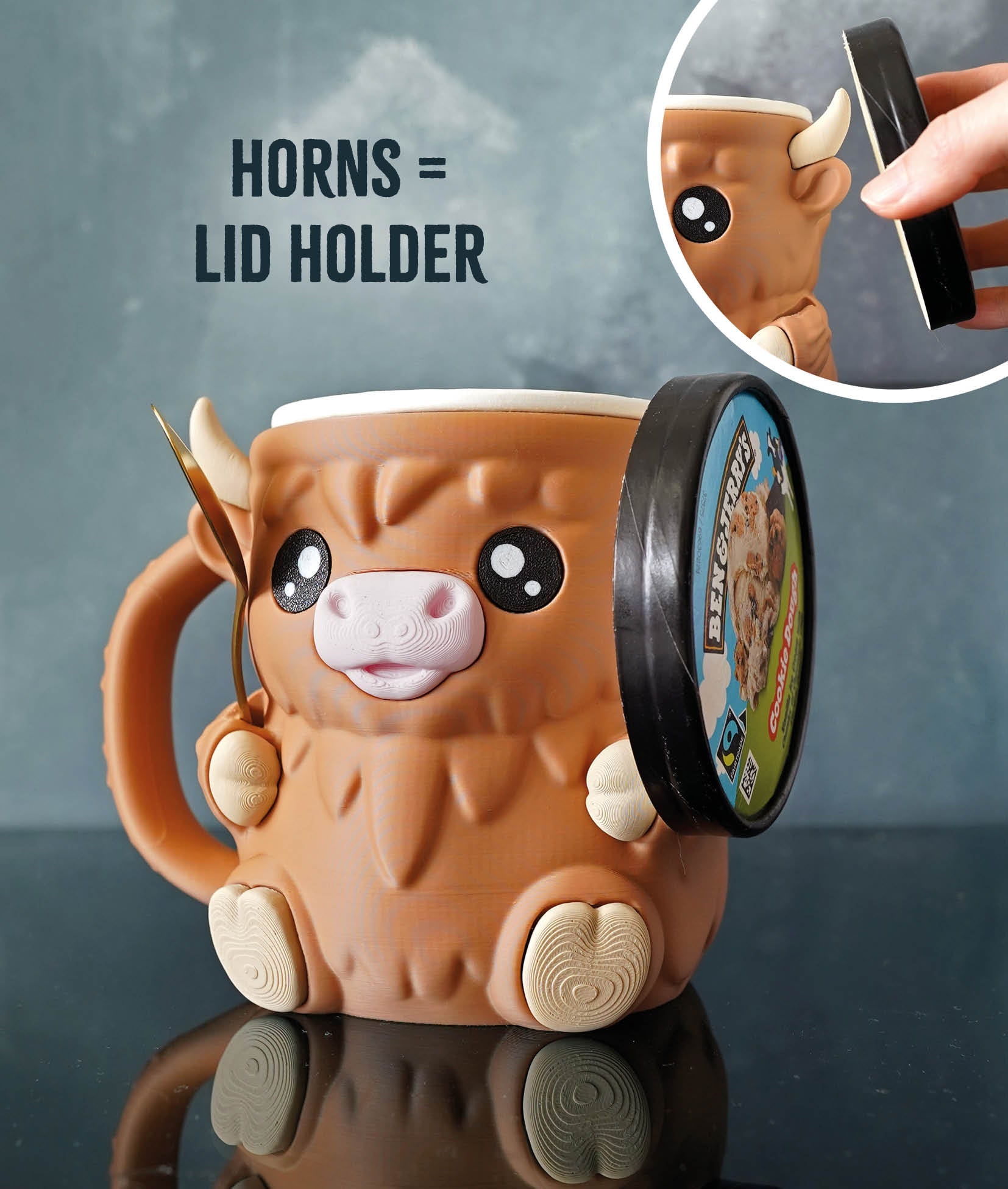 Highland Cow Ice Cream Pint Holder – Cute 3D Printed Cow Mug with Spoon Slots - LayerCraftLab