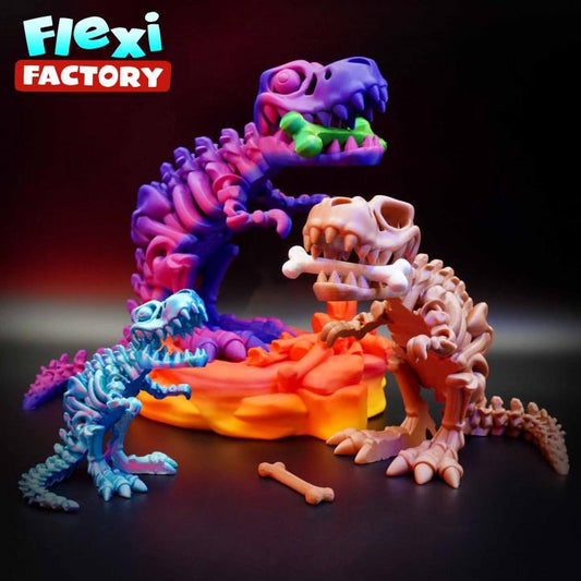 Colorful Flexi Skeleton T-Rex articulated 3D printed fidget toys in purple, beige, and blue designed to improve fine motor skills and sensory play